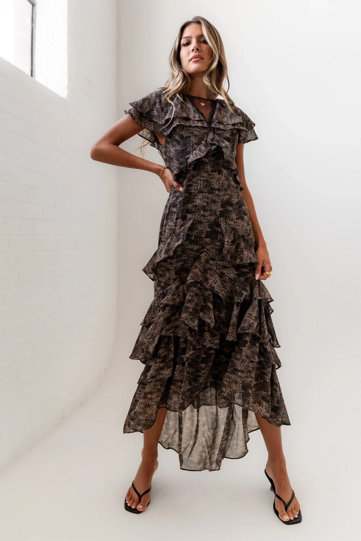 James Ruffle Maxi Dress In Grey