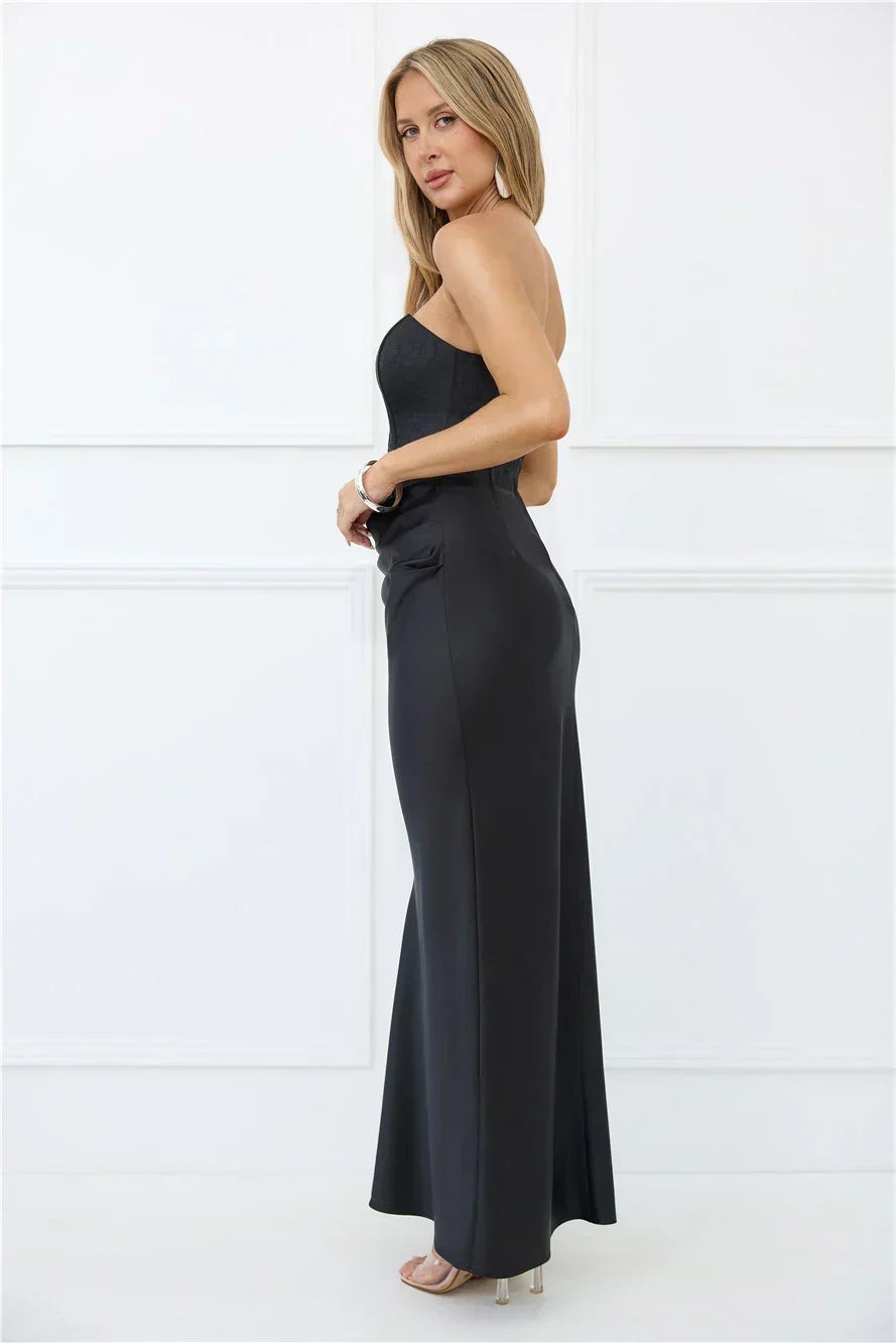Dressed To Dazzle Strapless Satin Maxi Dress Black