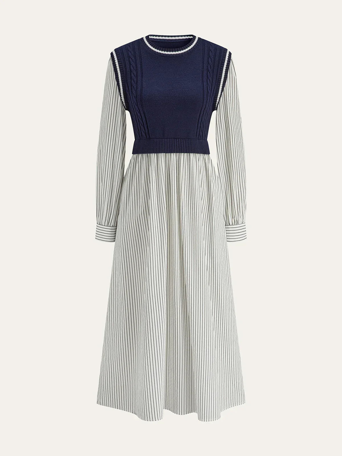 2 In 1 Cable-Knit Paneled Striped Midi Dress