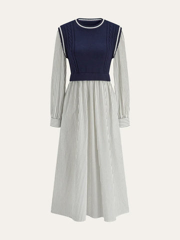2 In 1 Cable-Knit Paneled Striped Midi Dress