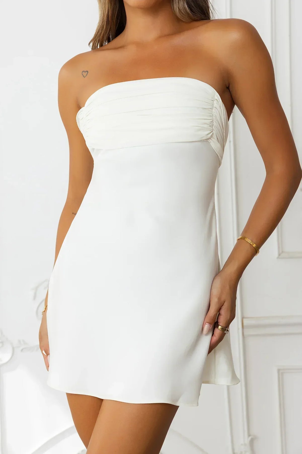 Like A Dream Off Shoulder Satin Mini Dress Ivory