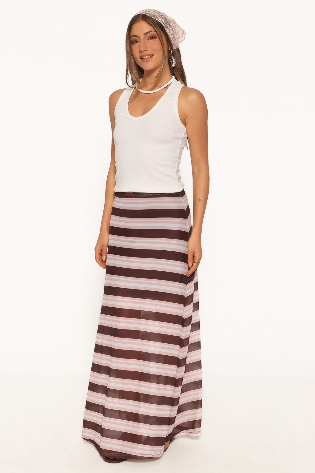 Dia Mesh Column Skirt - Pink/Brown Stripe