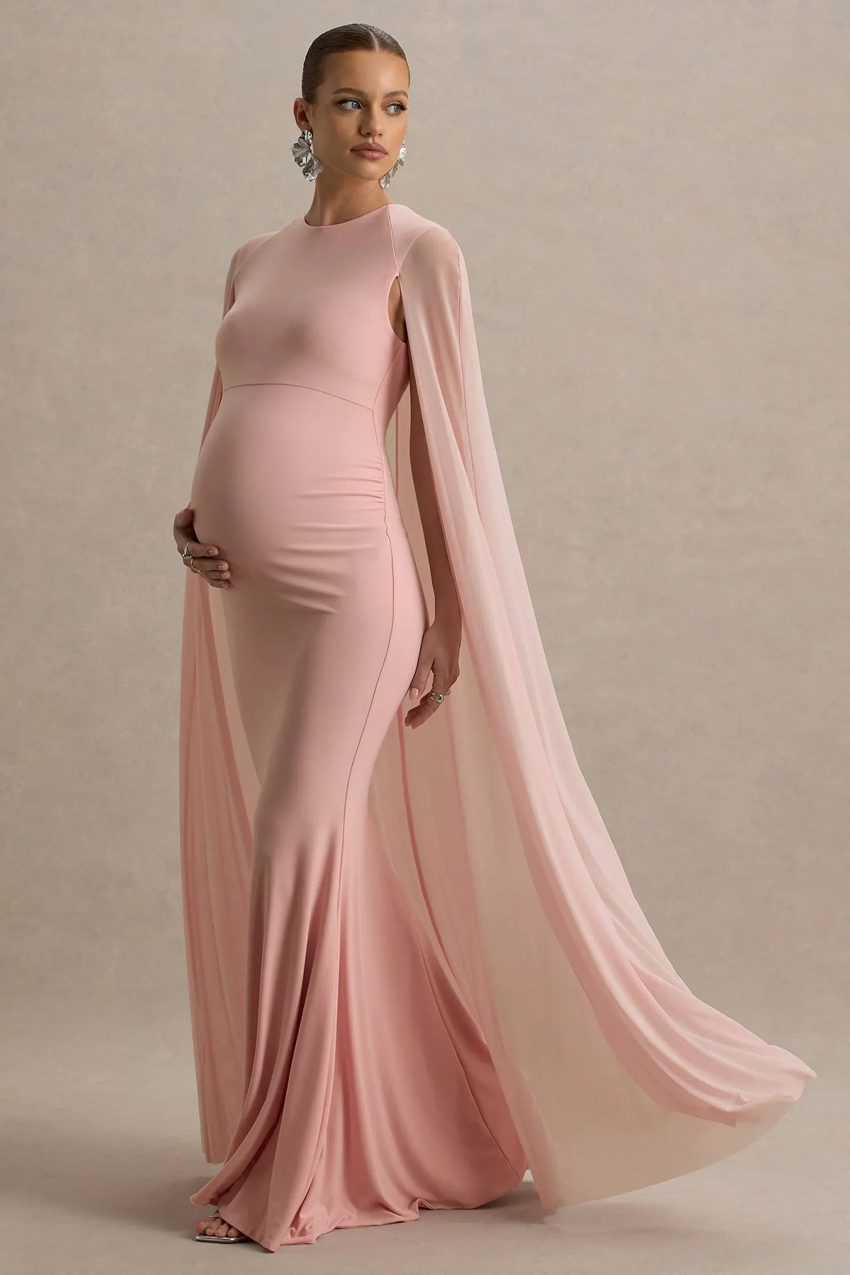 Currant | Pink Crew-Neck Maternity Maxi Dress With Cape