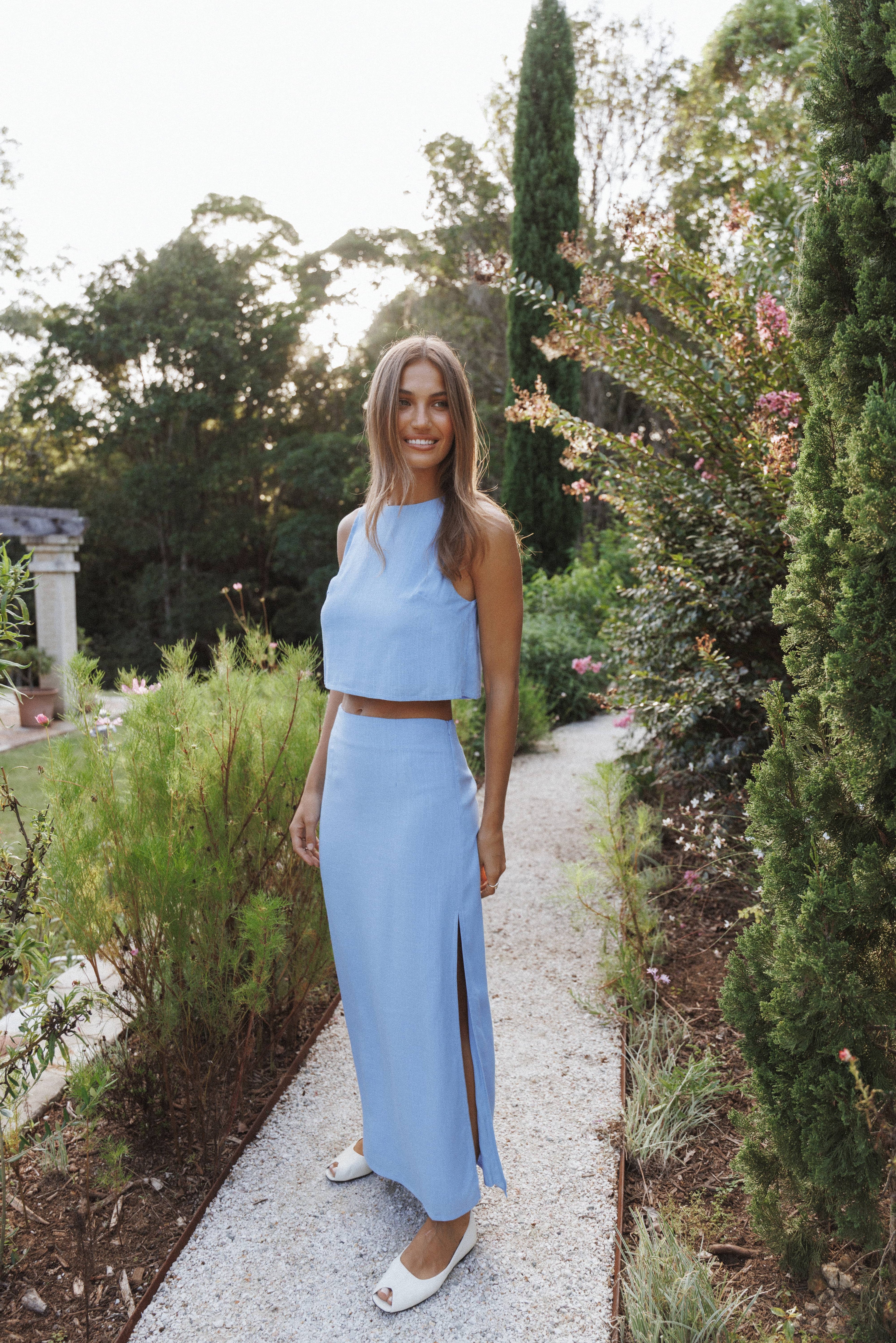 Madison Linen Column Skirt - Blue