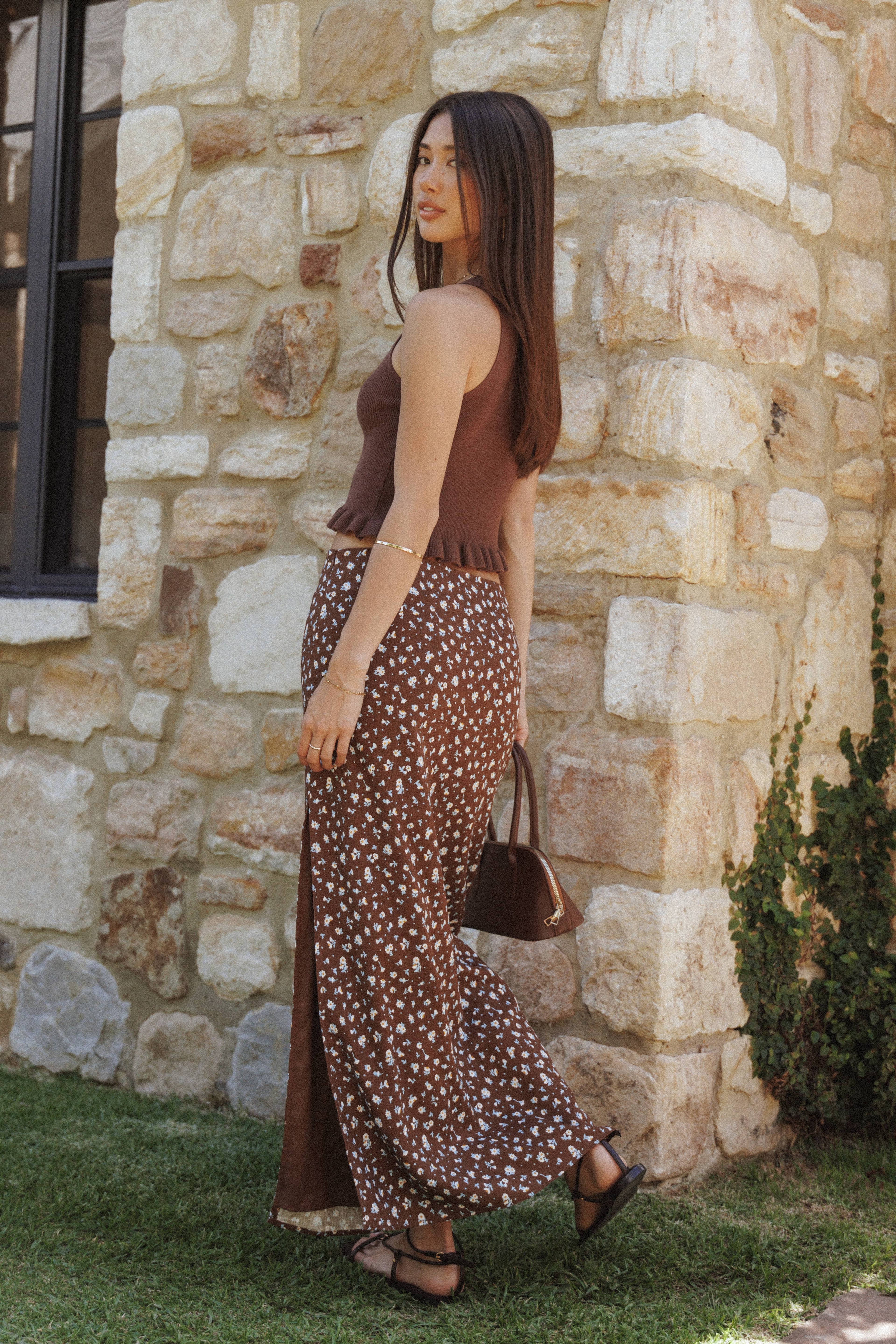 Madison Linen Column Skirt - Brown Floral
