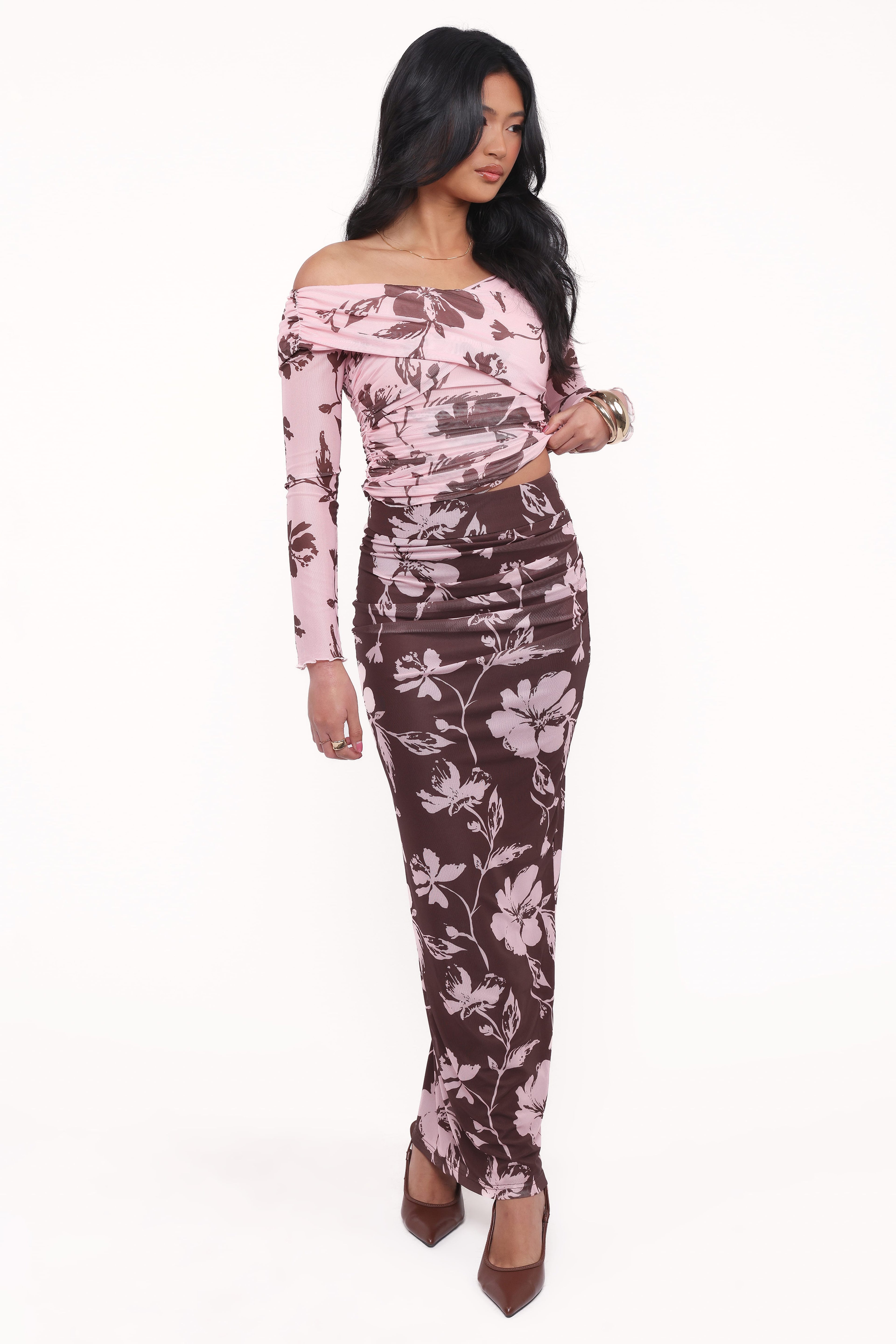 Navida Mesh Midi Skirt - Pink Brown Floral