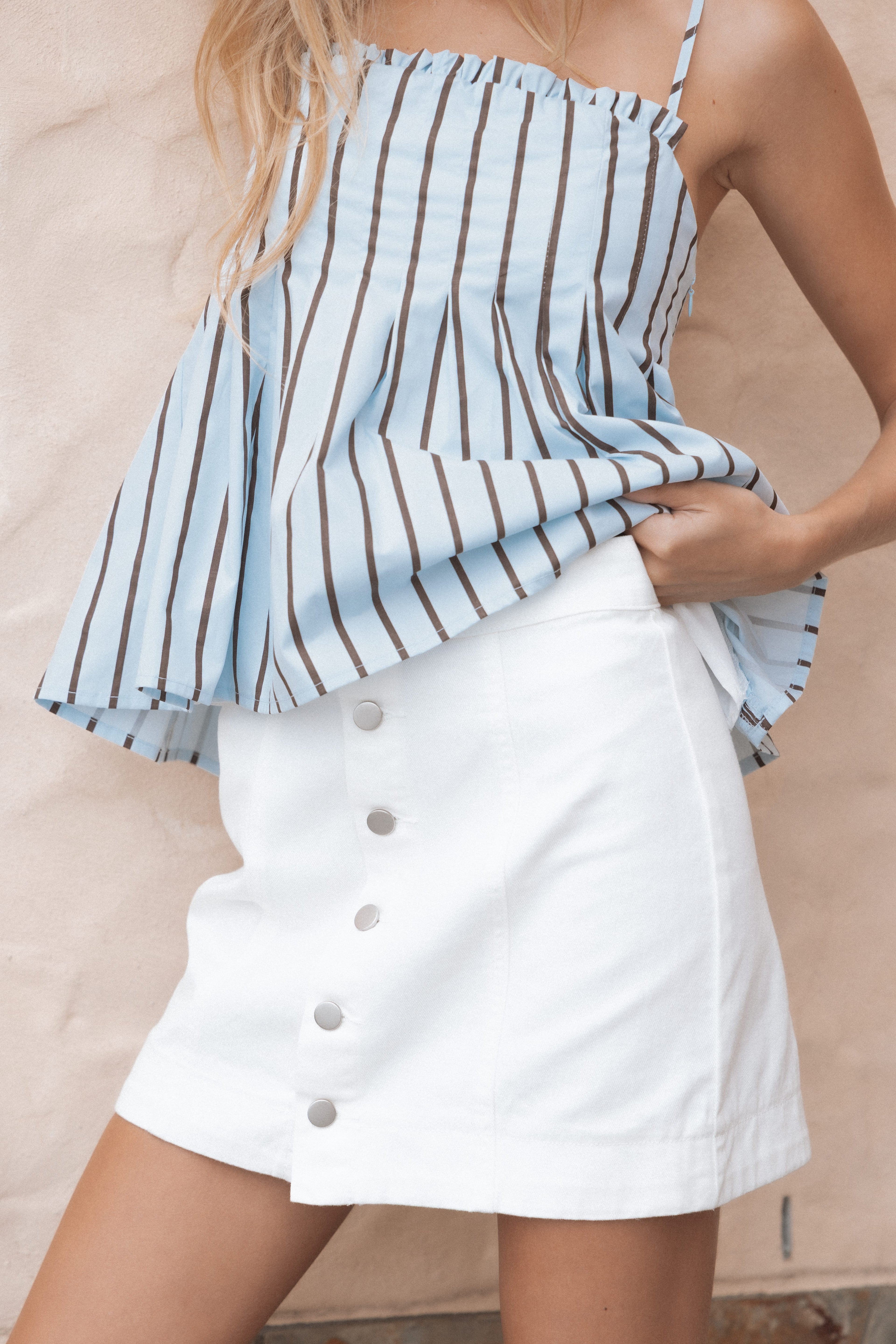 Sara Button Front Denim Mini Skirt - Off White