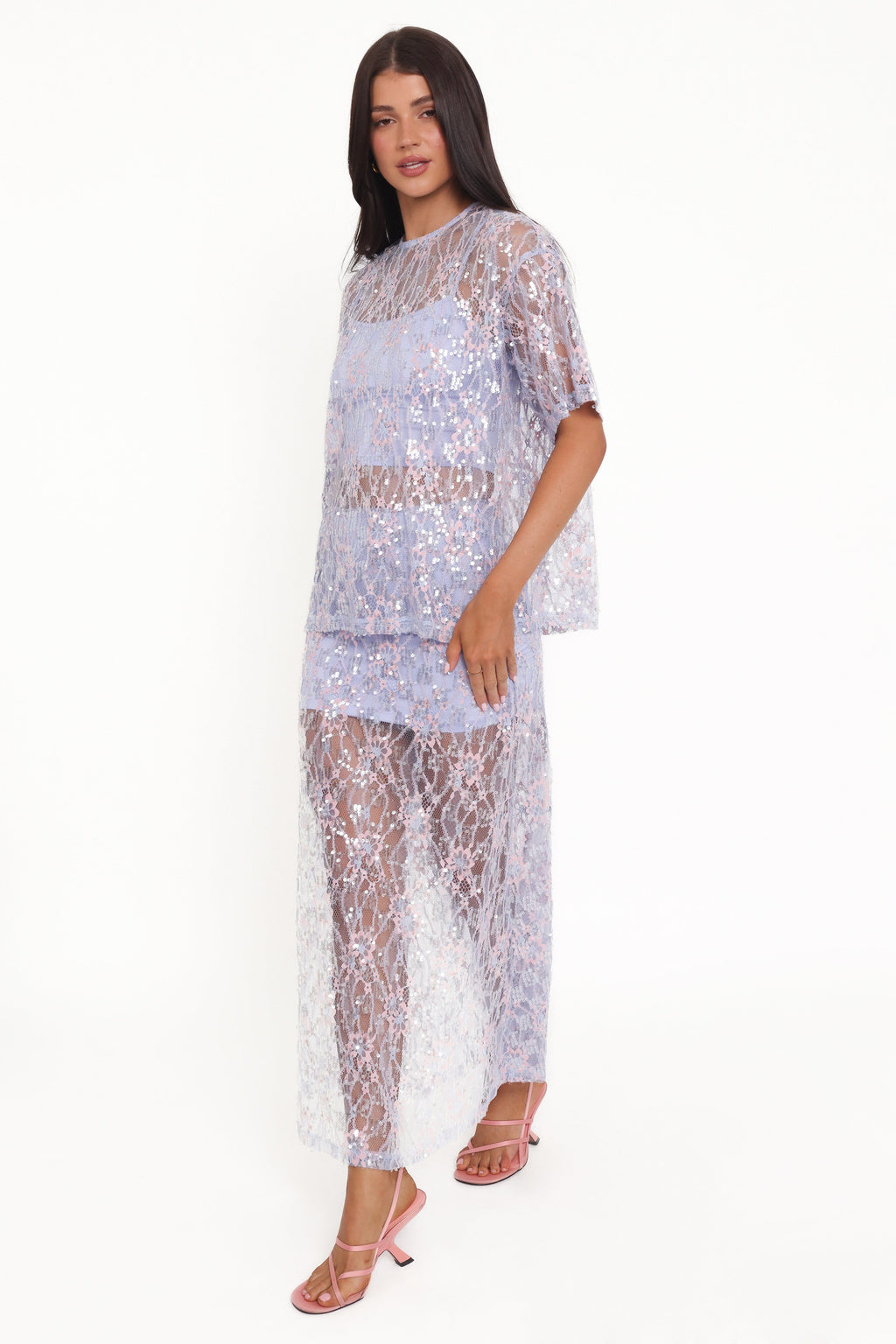 Yonder Sheer Panel Lace Maxi Skirt - Purple
