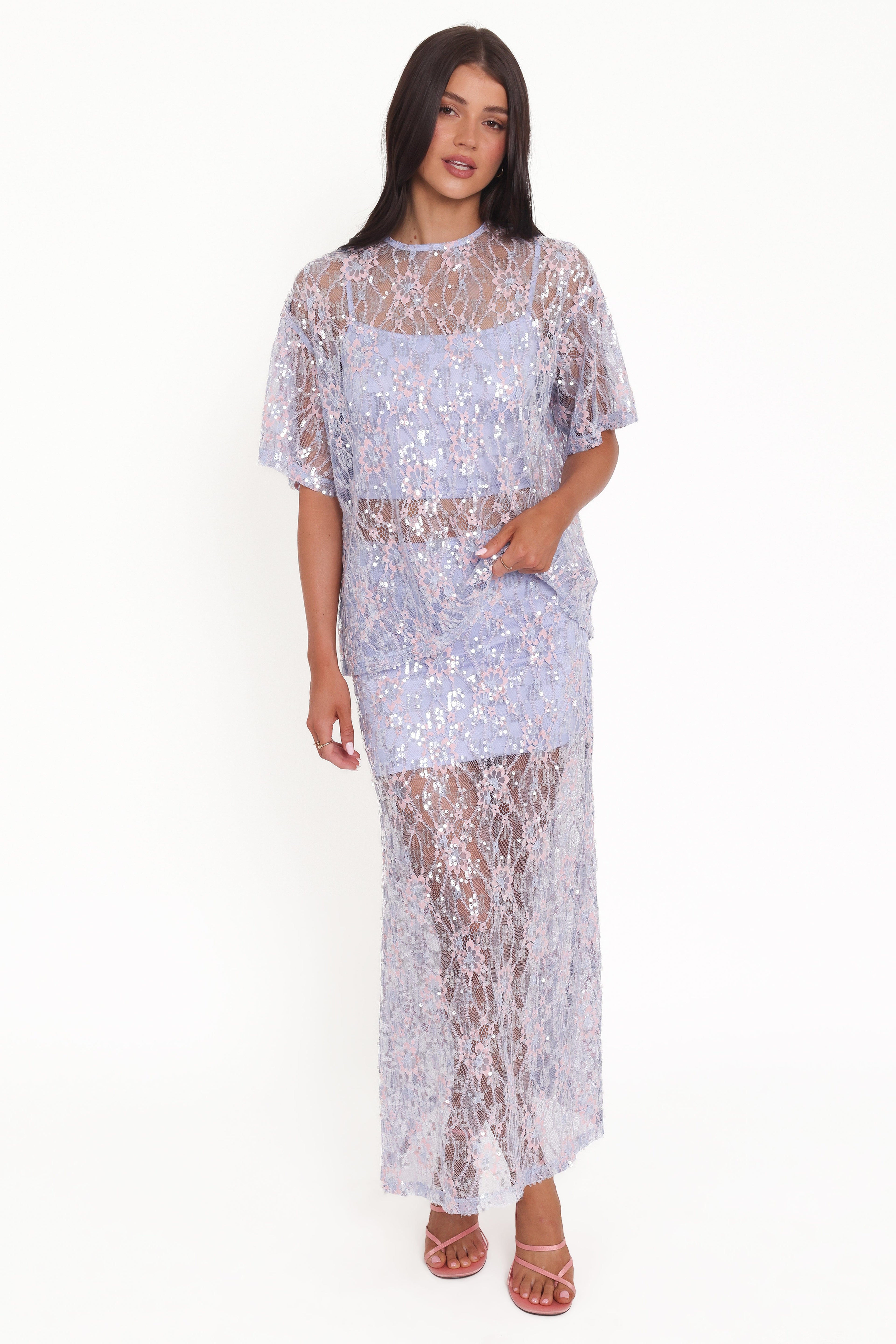 Yonder Sheer Panel Lace Maxi Skirt - Purple