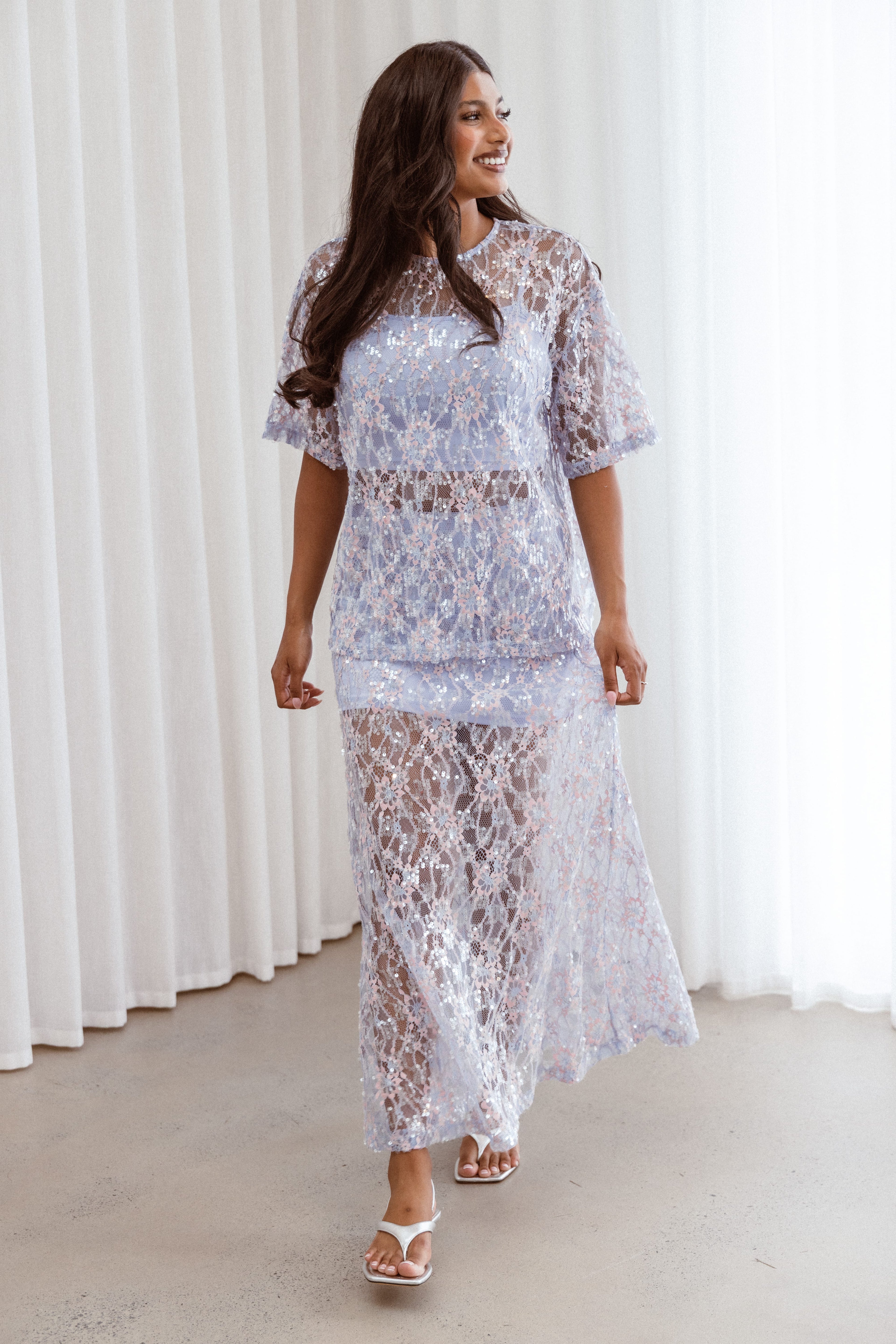 Yonder Sheer Panel Lace Maxi Skirt - Purple