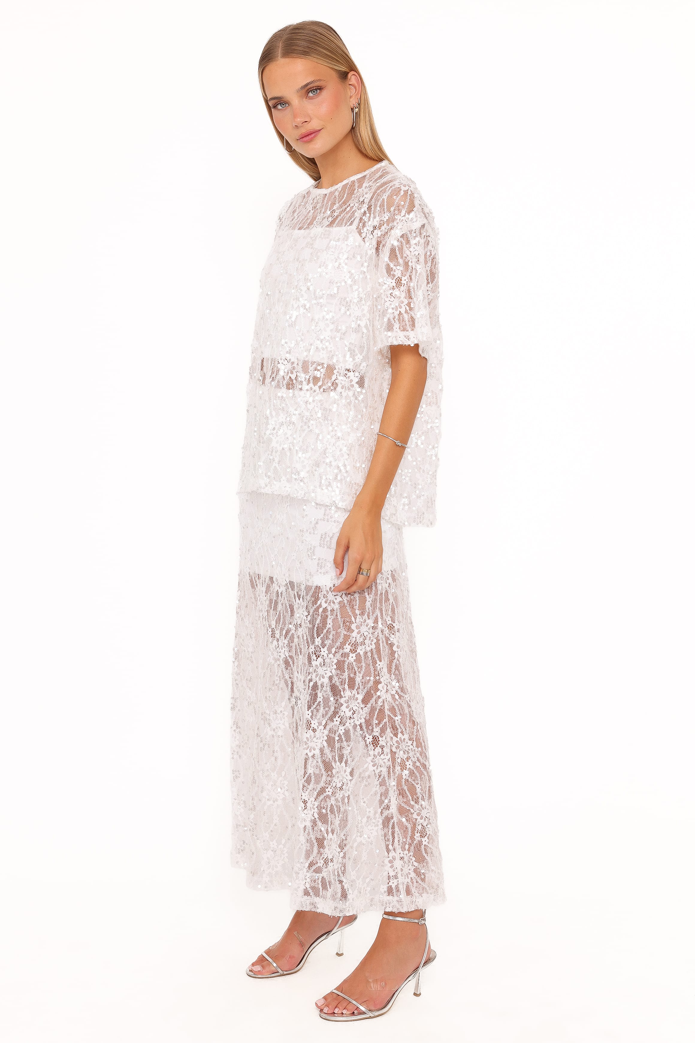 Yonder Sheer Panel Lace Maxi Skirt - White