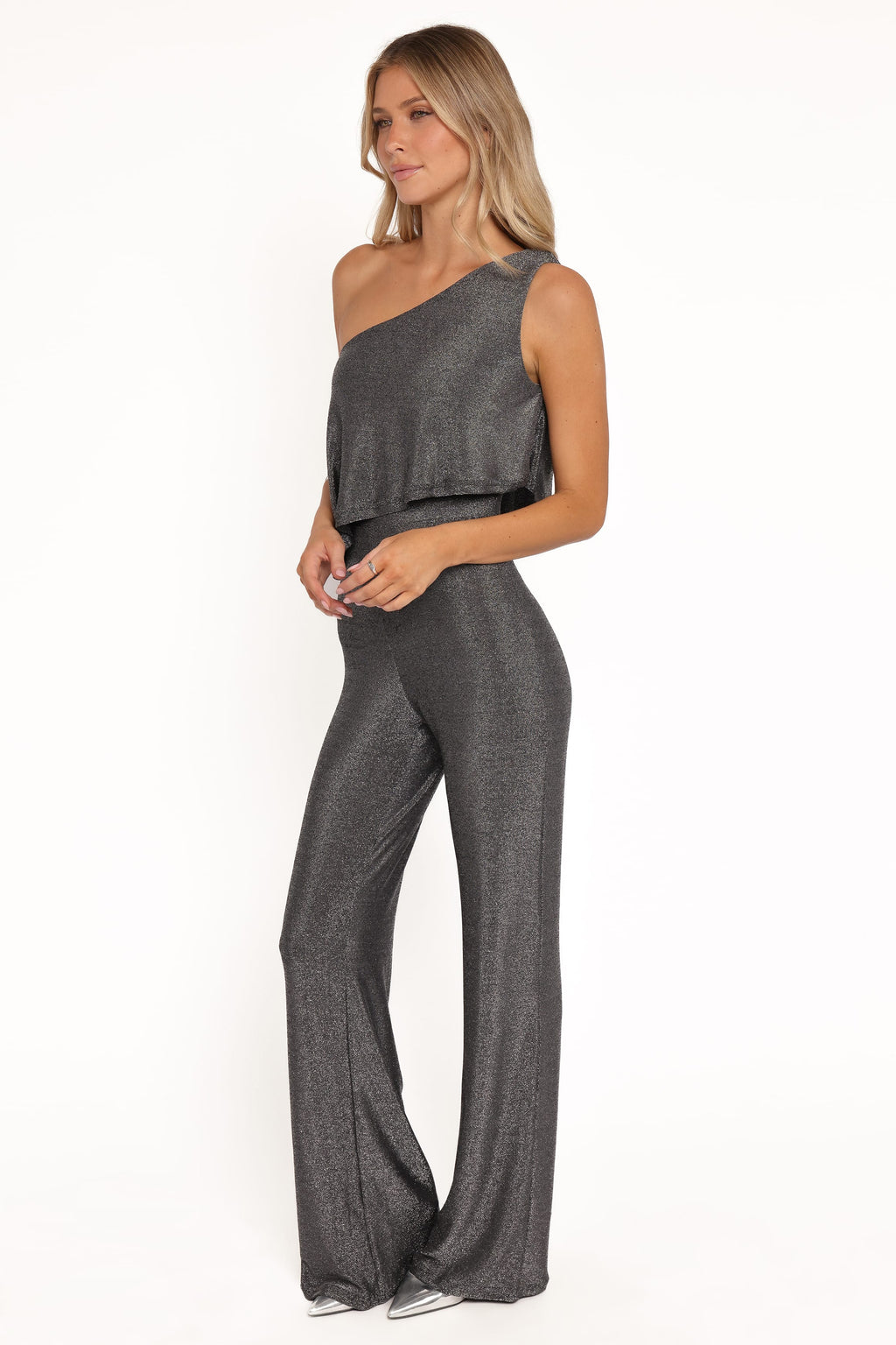 Anna One Shoulder Lurex Jumpsuit - Black Silver