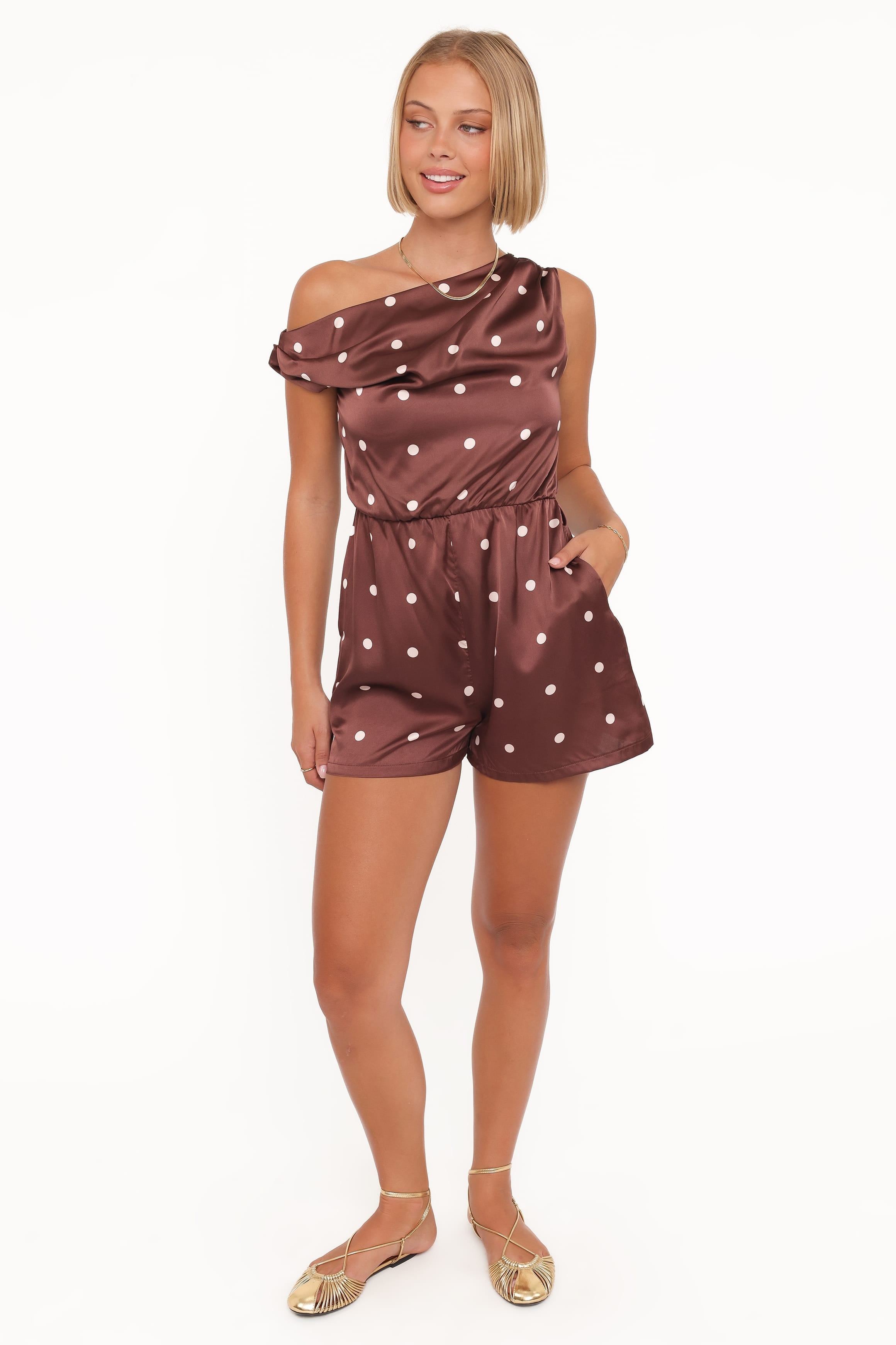Cassidy One Shoulder Romper - Brown Polka Dot