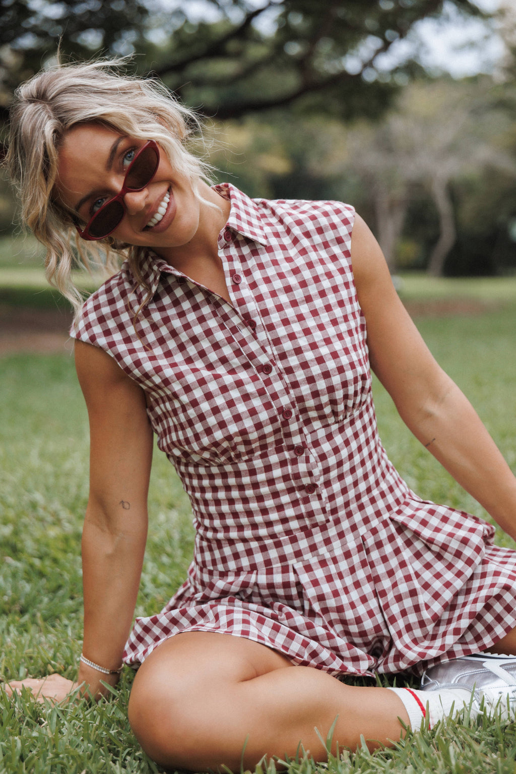 Helen Button Front Romper - Burgundy Gingham