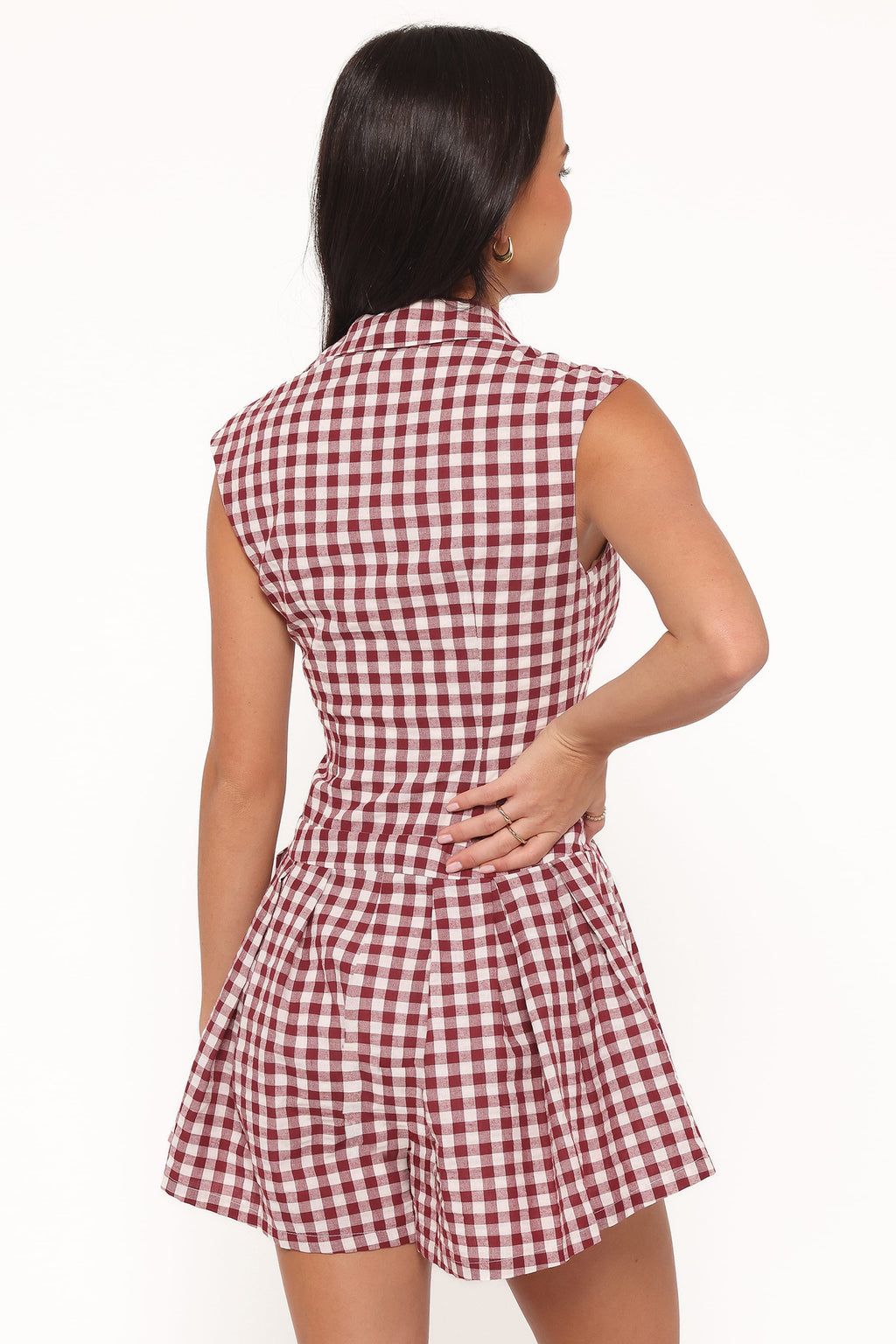 Helen Button Front Romper - Burgundy Gingham