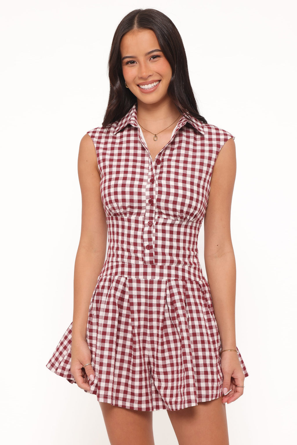 Helen Button Front Romper - Burgundy Gingham