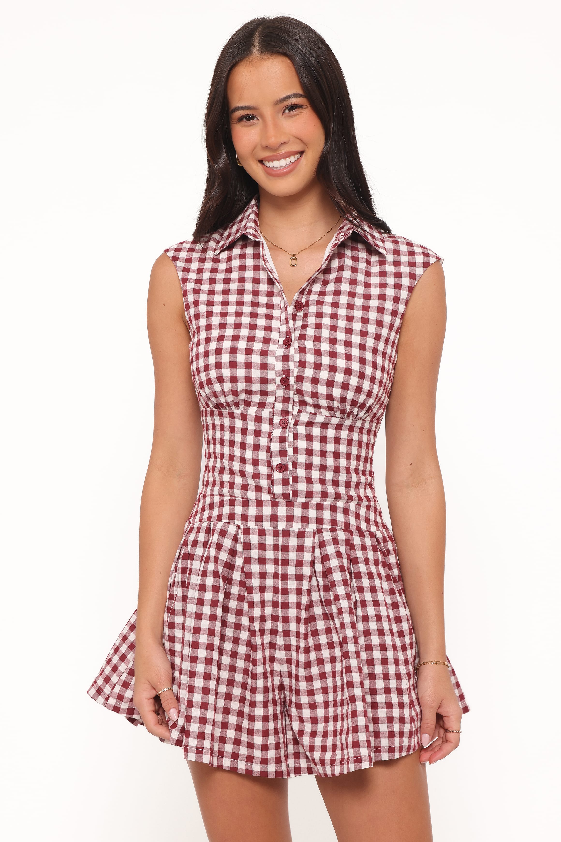 Helen Button Front Romper - Burgundy Gingham