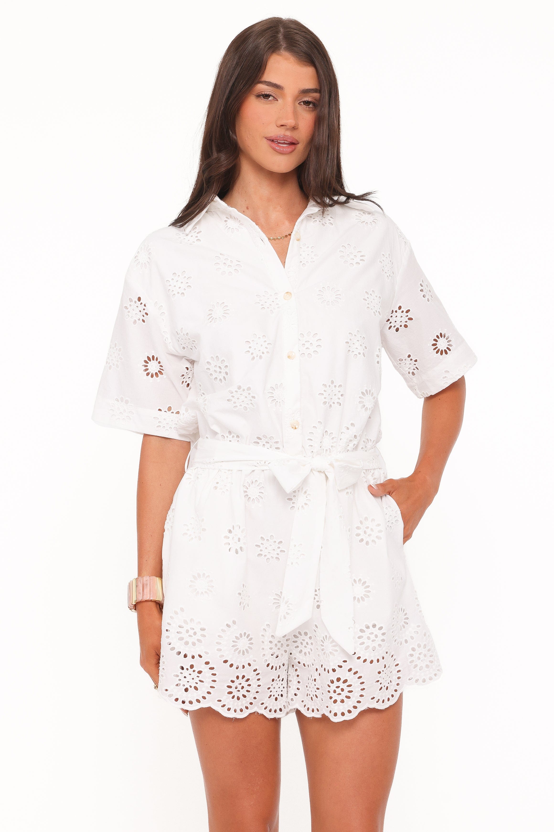 Jamie Tie Front Romper - White Broderie