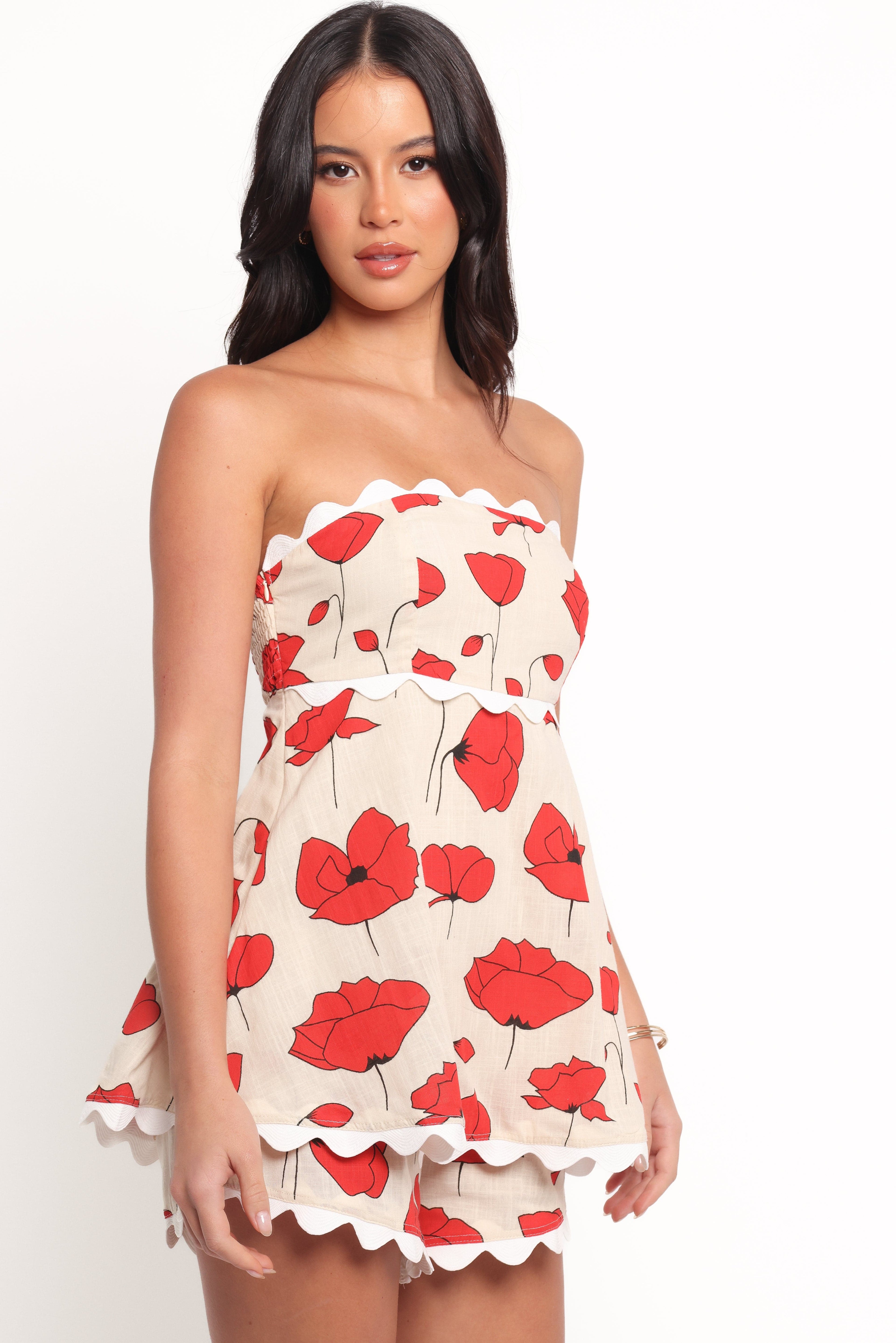 Romia Strapless Romper - Red Beige Poppy