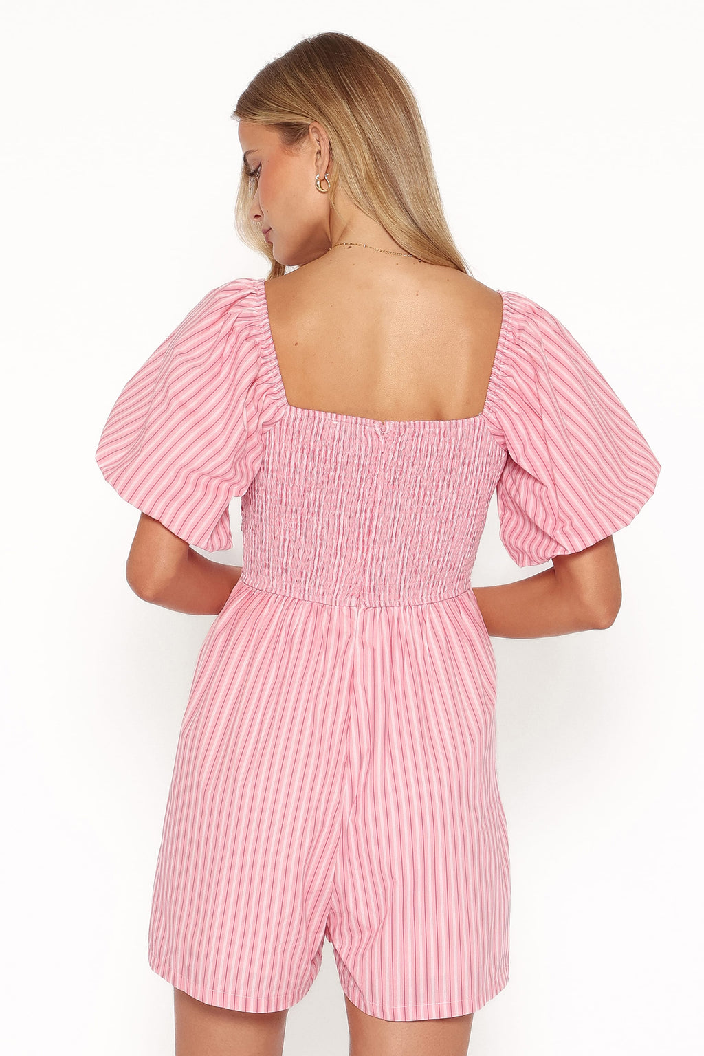 Clo Puff Sleeve Romper - Pink Stripe