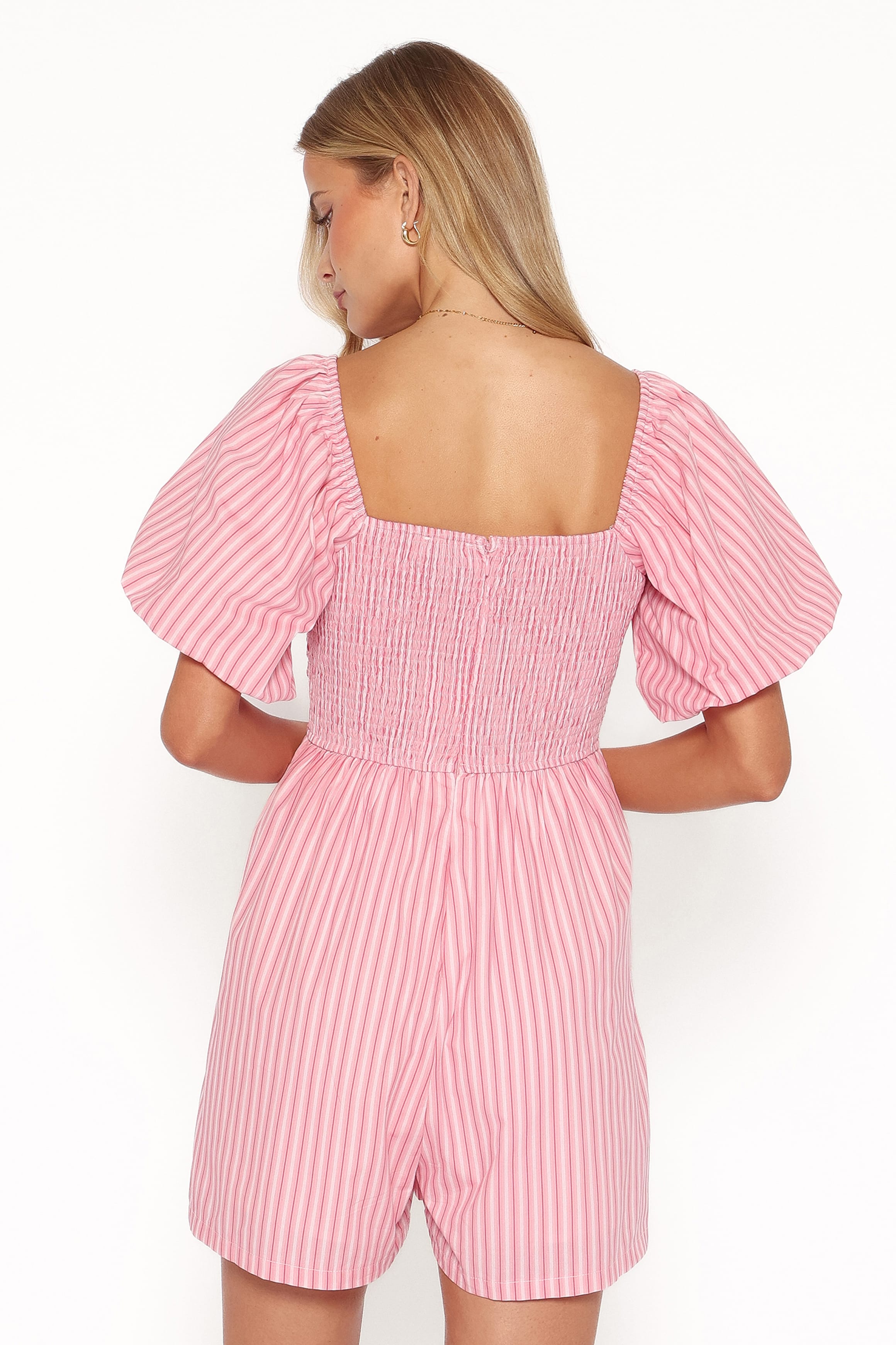 Clo Puff Sleeve Romper - Pink Stripe