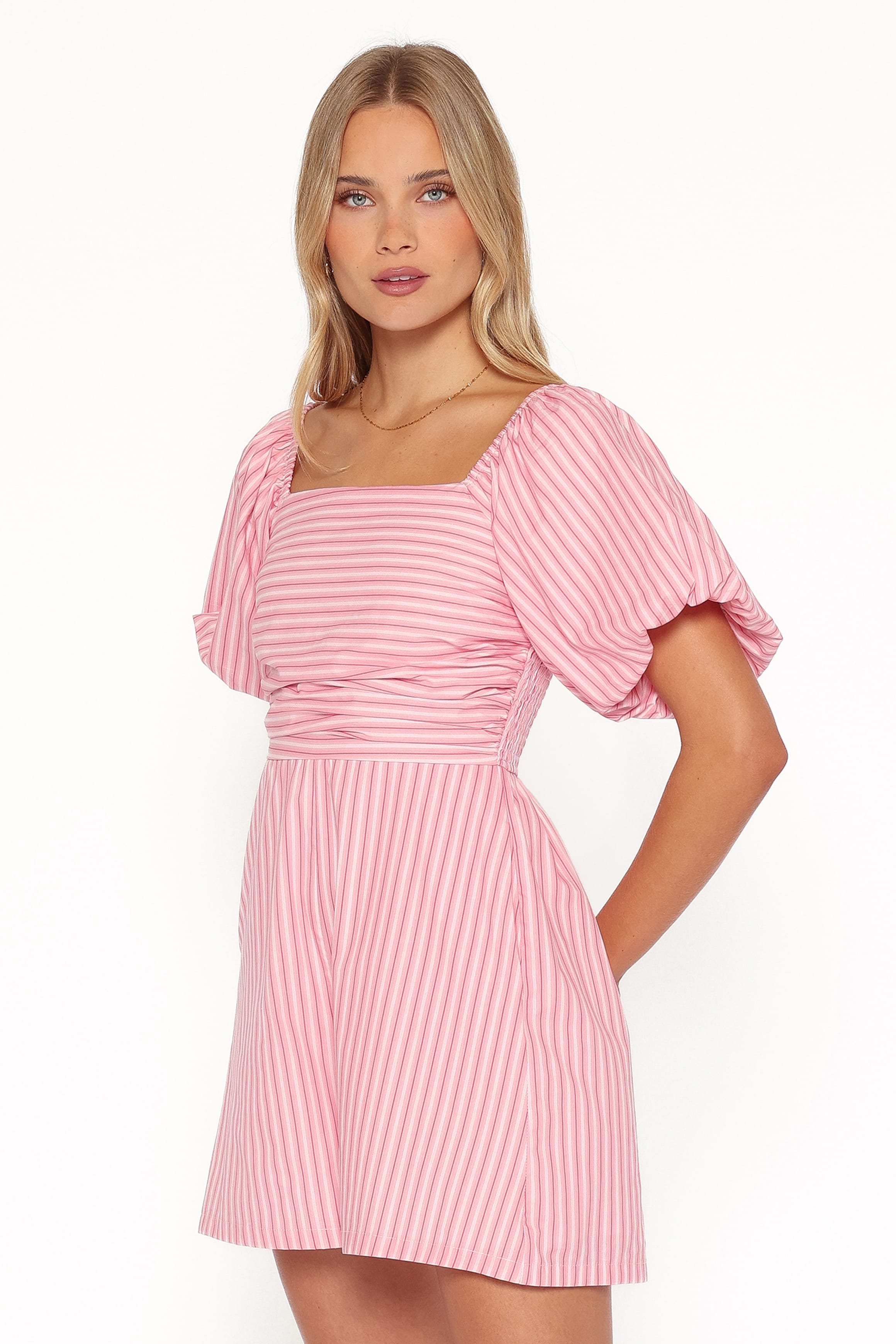 Clo Puff Sleeve Romper - Pink Stripe