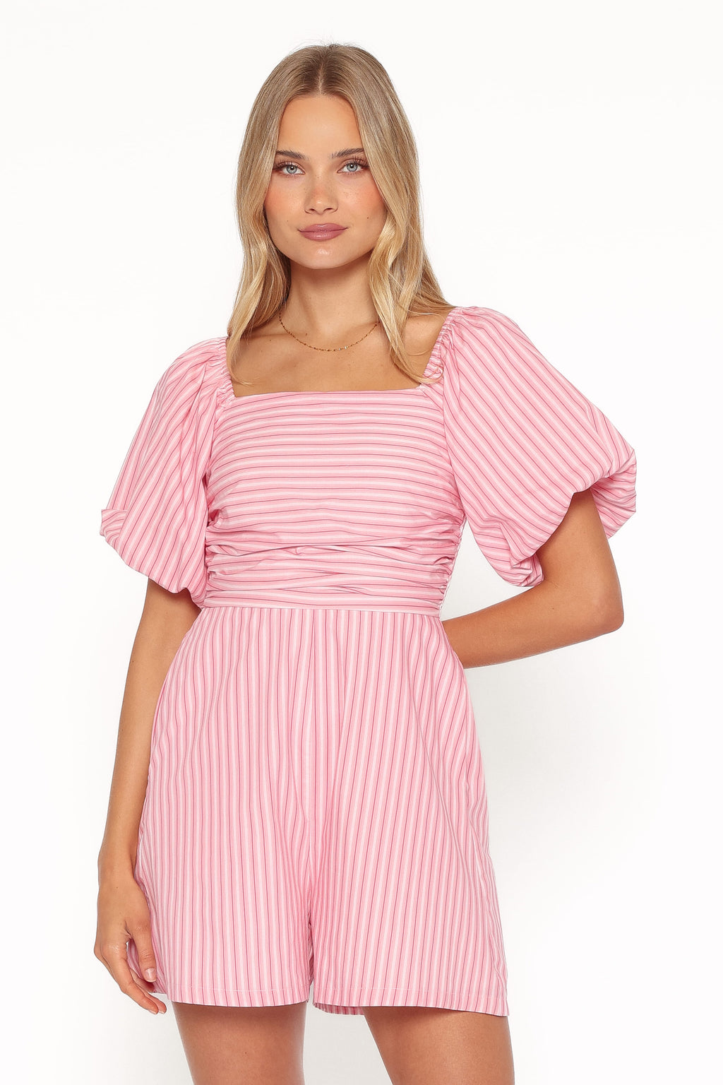 Clo Puff Sleeve Romper - Pink Stripe