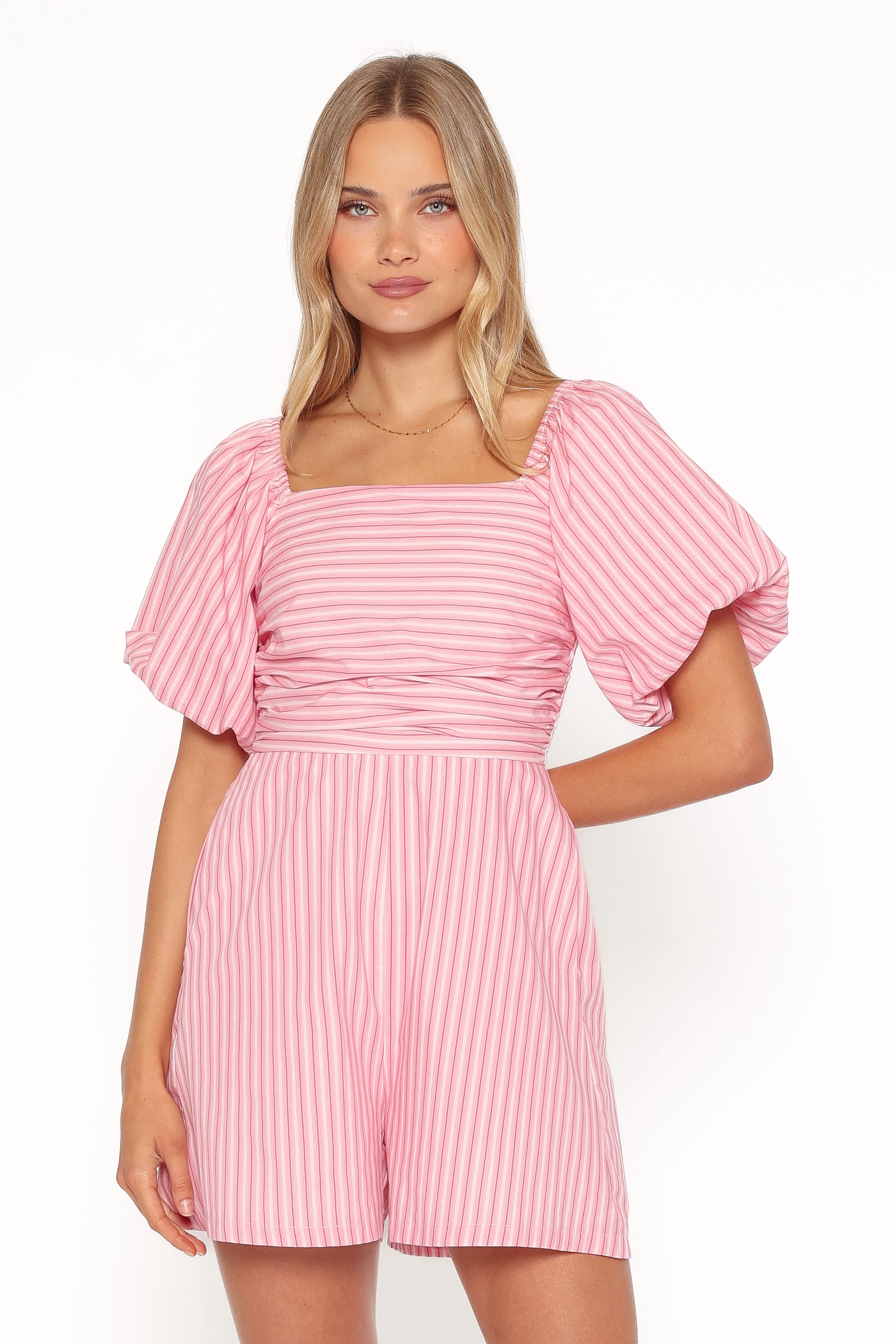 Clo Puff Sleeve Romper - Pink Stripe