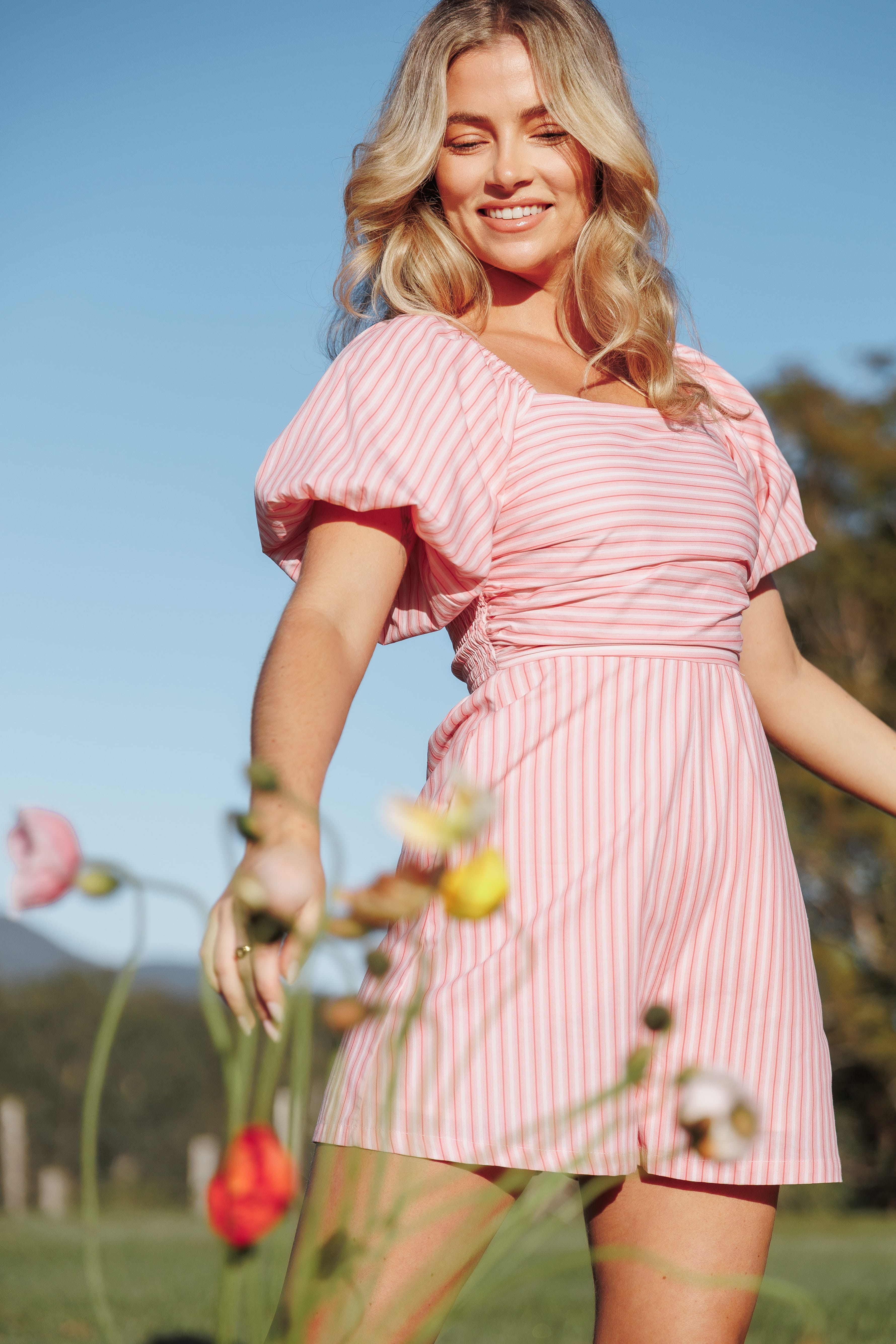 Clo Puff Sleeve Romper - Pink Stripe